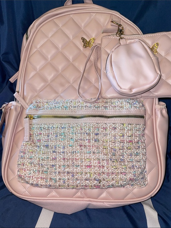 Dream Pink by IMG Handbags - Quilted Pink Women's Backpack with Tweed Front Pocket and Gold Accents